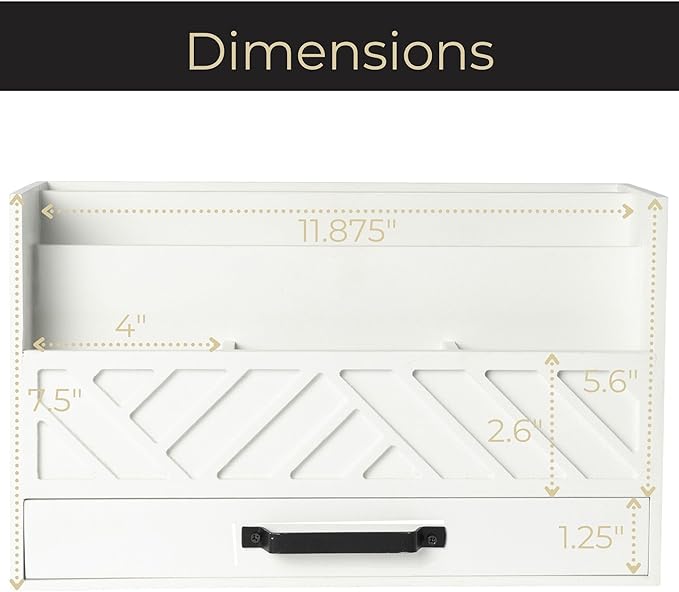 BLU MONACO Mail Organizer Countertop Kitchen – White Wood Desk Storage with Drawer – Mail Sorter or Bill Holder for Desk – Farmhouse Accessories & Mail Basket for Counter