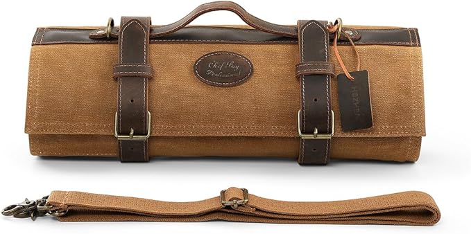 HEZHEN Chef Knife Roll Bag 16oz Oil Waxed Canvas, Heavy Duty Portable Backpack Knife Case Storage, 12 Slots & 2 Zipper Pockets, Detachable Adjustable Leather Shoulder Strap Belt(Not Included Knives)