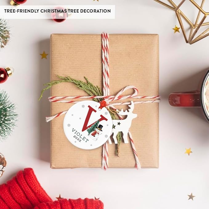 Andaz Press Personalized Ornament, Custom Name, Initial V Monogram Snowman 2.8" Ceramic Porcelain 2025 Christmas Ornament Keepsake for Kids, Boys, Girls, Includes Gold Ribbon & Gift Box, 1-Pack