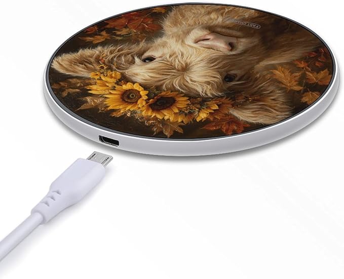Highland Cow Sunflower Vintage Universal Phone Charger Magnetic Charging Pad with USB Cable