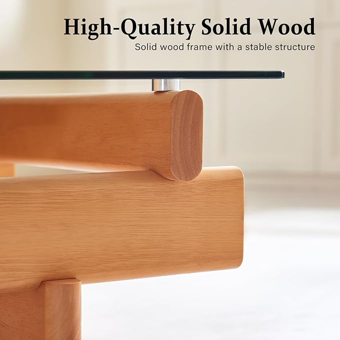 IWOOD Glass Coffee Table for Living Room,100% Solid Wood Coffee Table with Rectangular Tempered Glass Top,Mid Century Modern Coffee Table,Wood