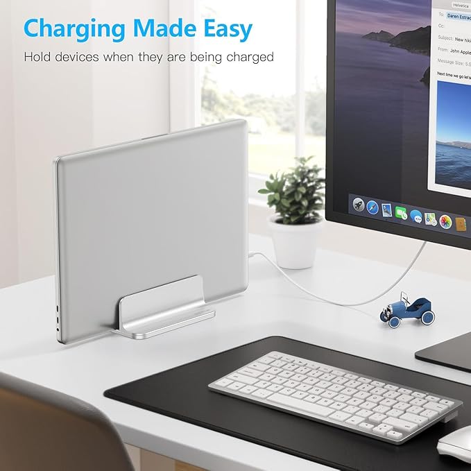 OMOTON Vertical Laptop Stand Holder, Desktop Aluminum Stand for MacBook with Adjustable Dock Size, Fits All MacBook, Surface, Chromebook and Gaming Laptops (Up to 17.3 inches), Silver