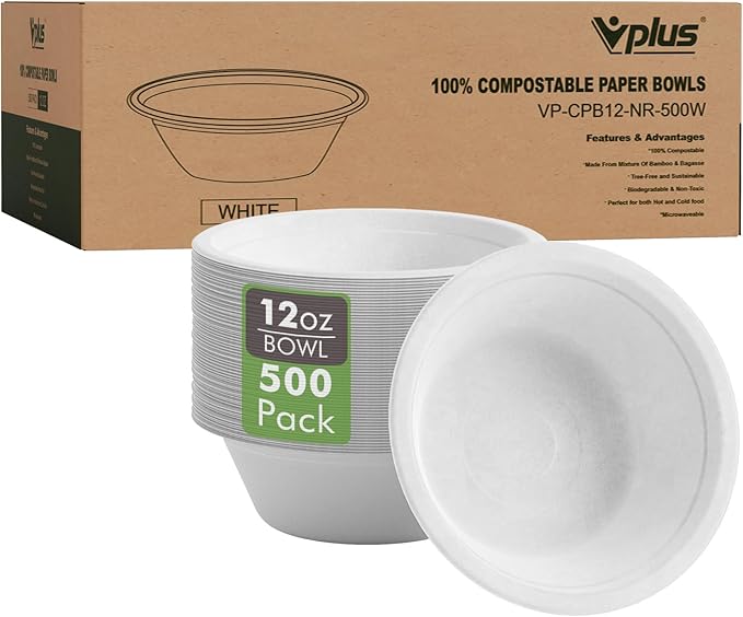 Vplus 500 Pack 12 OZ Compostable Paper Bowls, Bagasse Bowls Bulk,Nature