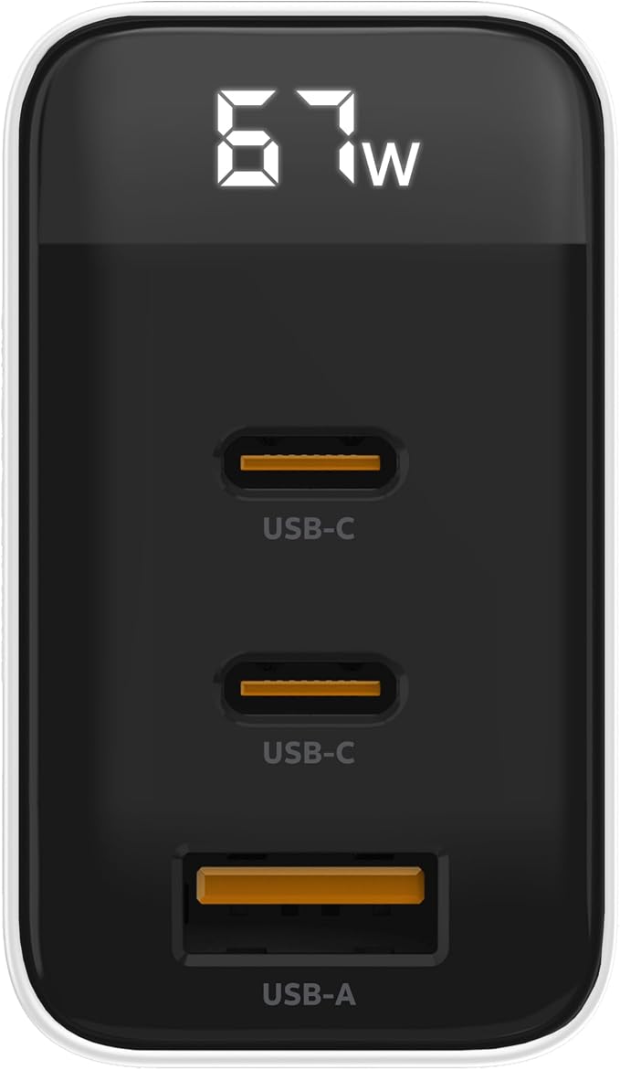 AT&T Essentials Multi Port 67W GaN Wall Charger with LED Display (2 USBC + 1 USBA) - White