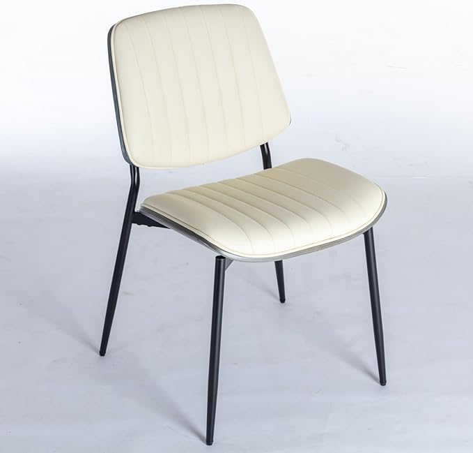 Dining Chairs Set of 4, Mid Century Modern Accent Dining Room and Kitchen Chairs, Upholstered PU Leather Vertical Stripe Chairs for Vanity with Walnut Bentwood and Metal Legs, Beige