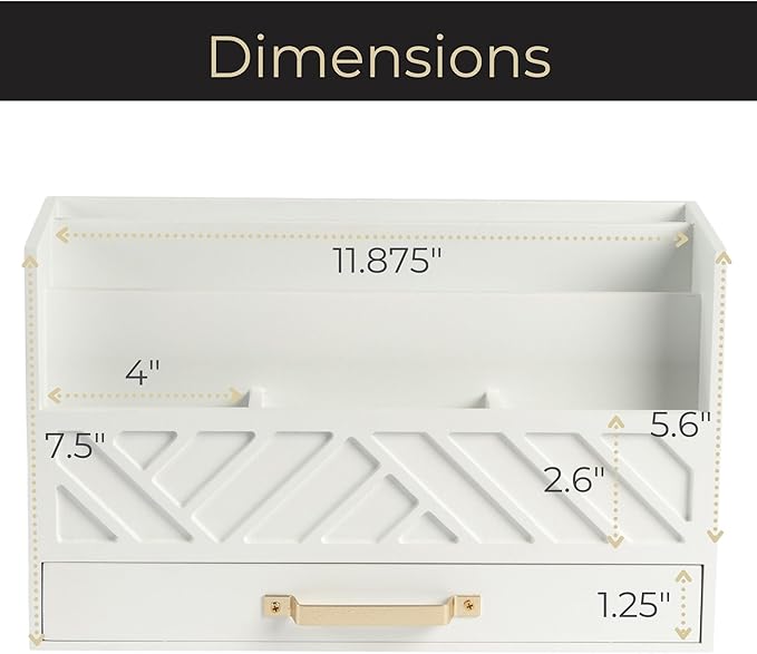 BLU MONACO White Wooden Mail Organizer with Drawer and Gold Handle – Desk Accessories for Office Organization and Storage – Home, Office, and Classroom Supplies