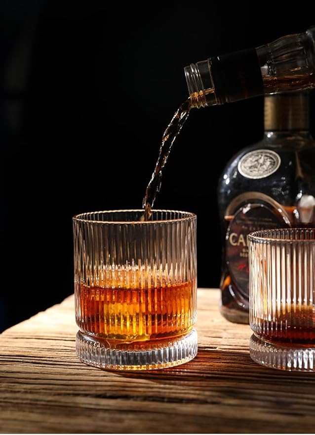 Ribbed Whiskey Glasses Set of 2, 12 Oz Lead-Free Crystal Heavy Base Barware Glass, Perfect for Bourbon Rocks Cocktail Scotch Drinking