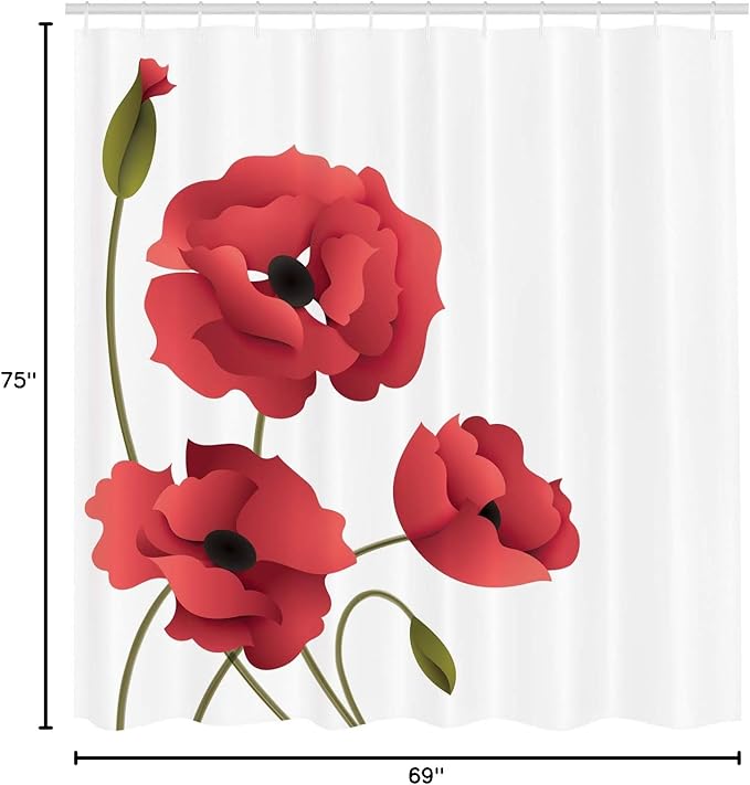 Ambesonne Floral Shower Curtain, Poppy Flowers Vivid Petals Buds Pastoral Purity Mother Earth Nature Design, Cloth Fabric Bathroom Decor Set with Hooks, 69" W x 75" L, Dark Pink