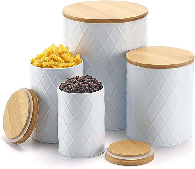 Kazozobi White Kitchen Canisters Set with Bamboo Lids, Airtight Sugar, Flour, Coffee, Cookie Storage Canister Sets for kitchen Countertop, Farmhouse kitchen decor, 4 Pack