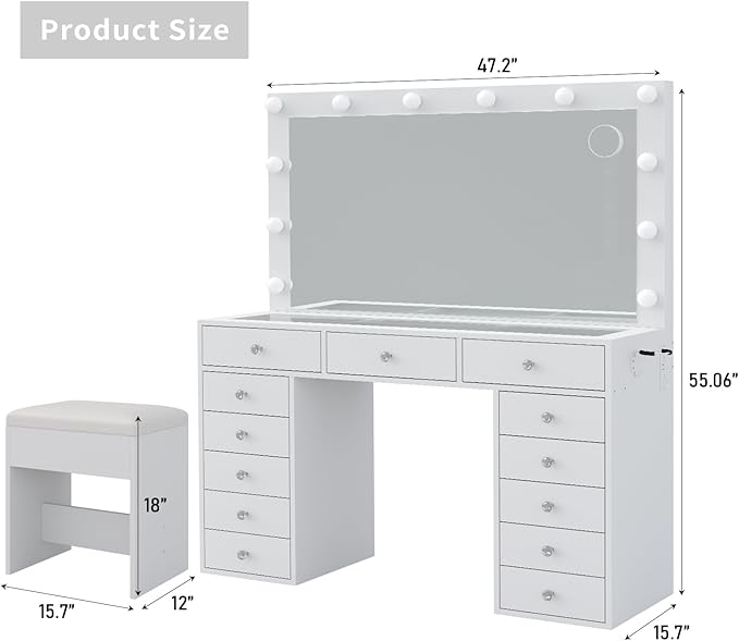 Vanity Desk with Mirror and Lights, 13 Drawers Makeup Vanity with Glass Top, 3 Color Lighting Modes, Makeup Vanity with Chair for Bedroom (White)