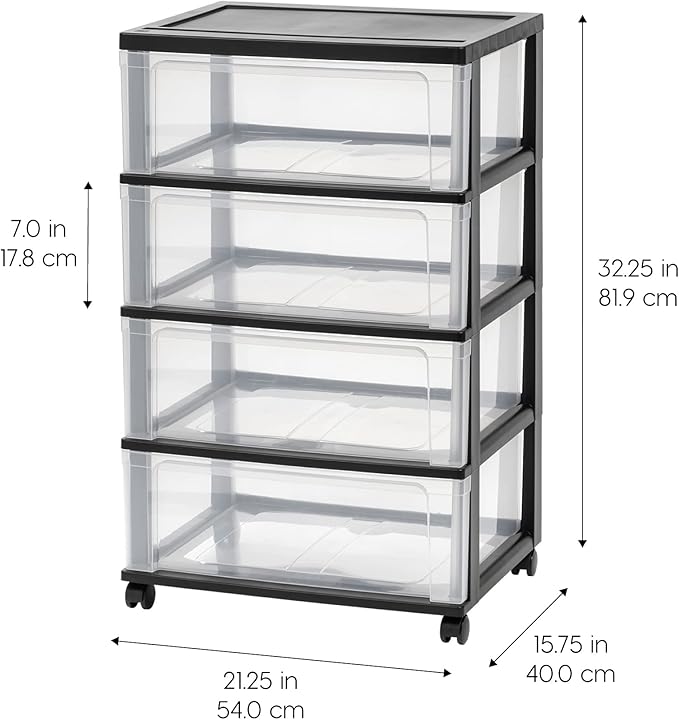 IRIS USA Plastic Drawer Storage Organizer Rolling Cart, with Wheels Casters, 4-Drawers, for Art Craft Supplies Bathroom Dorm Bedroom Laundry Room, Wide, Black