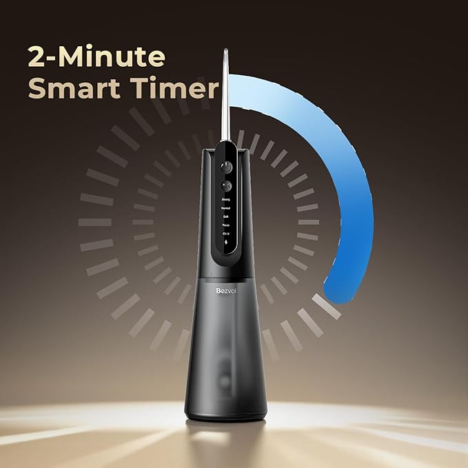 Bezvoi Portable Water Flosser for Teeth: Gum-Sensitive Friendly, Dual-Gear Motor Technology Irrigator Dental Pick with 5 Modes for Braces & Orthodontic, IPX7 Waterproof, Cordless for Travel, Black