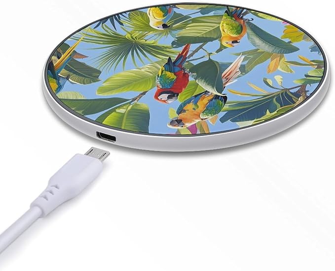 Tropical Plants and Parrots Wireless Charger Fast Charging Pad | Anti-Slip Qi Certified Wireless Charging Pad for All Phones with Wireless Charging Function for Home Office Travel