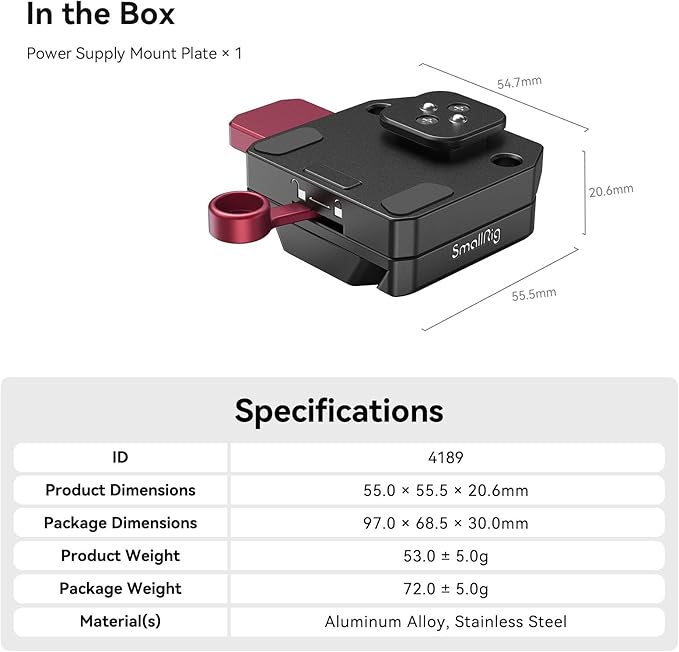 SMALLRIG Mini V Mount Battery Plate for DJI RS 3 / RS 3 Pro/RS 2 / RSC 2 Gimbals, Comes with V-Lock, Cold Shoe & 1/4"-20 Threaded Holes for V Mount Battery & NP-F Battery - 4189
