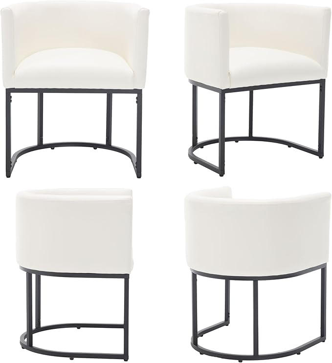 Faux Leather Dining Chairs Set of 4 Modern Barrel Arm Chairs with Black Metal Frame, Upholstered Kitchen Chairs 18.5" Wide Accent Chairs for Living Room Dining Room Restaurant, White