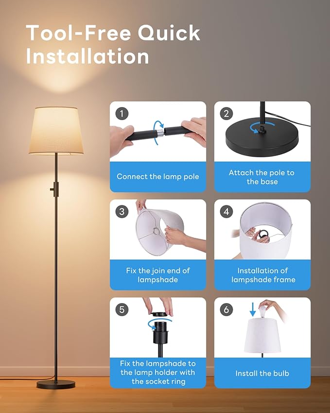 Dimmable Floor Lamp, 1200 Lumens RGBCW Color Change Bulb Included, Standing Lamp with Linen Shade, 62" Tall Lamp with Remote for Living Room, Bedroom, Office, Dining Room, Kitchen, Black
