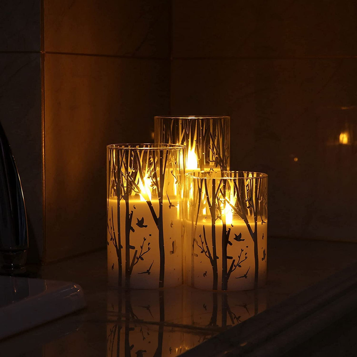 Rhytsing Birch Design Glass Battery Operated LED Candles with Timer, Flameless Pillar Candles Spring & Summer Decor- Include 6 Batteries