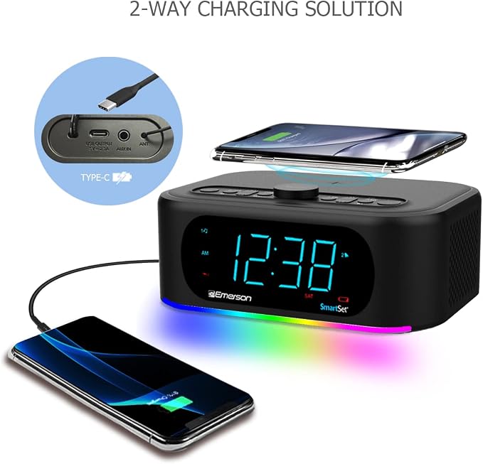 Emerson ER100202 Smartset Dual Alarm Clock Radio with USB Port and QI Wireless Phone Charger with Bluetooth All Qi Compatible Phones