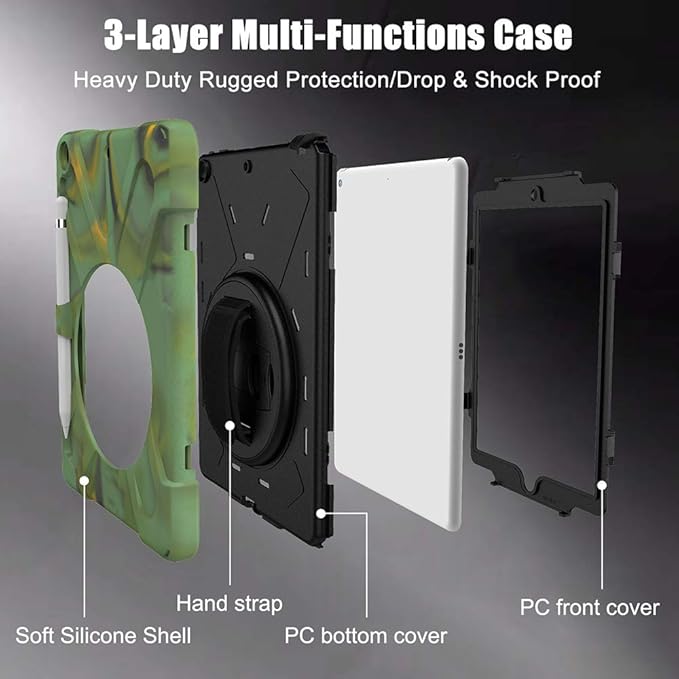 ZenRich Shockproof Case for iPad 9th/8th/7th Generation 10.2 inch 2021/2020/2019, Heavy Duty Rugged Case with Pencil Holder/360° Rotating Kickstand/Handle/Carrying Strap, Camouflage