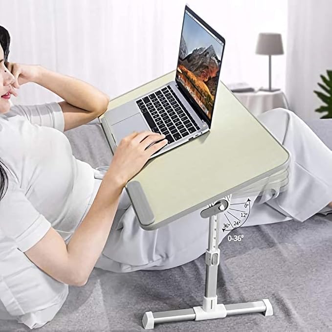 Amazon Basics Portable Foldable Adjustable Laptop Stand Tray Table Lap Desk for Bed and Couch, Fits up to 17-Inch Laptop, 13"x24", Cream
