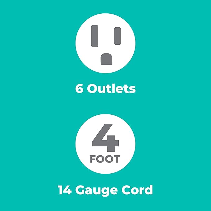 KMC 6-Outlet Surge Protector Power Strip 2-Pack, 900 Joules, 4-Foot Extension Cord, Overload Protection, Black