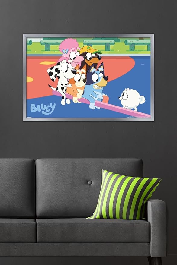 Bluey (2018) - Bluey and Friends See Saw Fun Wall Poster, 34L" x 22.4W", Silver Framed Version