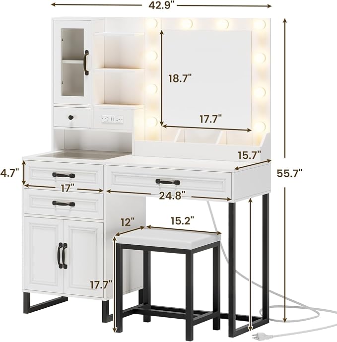 Makeup Vanity Desk with Mirror and Lights & Stool, Glass Top Vanity Table Set with Charging Station, 4 Stoarge Drawers & Double-Door Cabinet, Modern White & Black