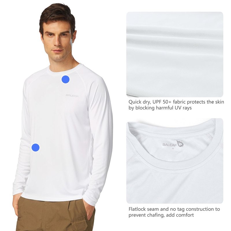 baleaf Mens UPF 50+ Sun Protection Shirts Long Sleeve Rash Guard, Quick Dry 4-Way Stretch for Fishing Swimming Surfing 2 Pack-White 2XL