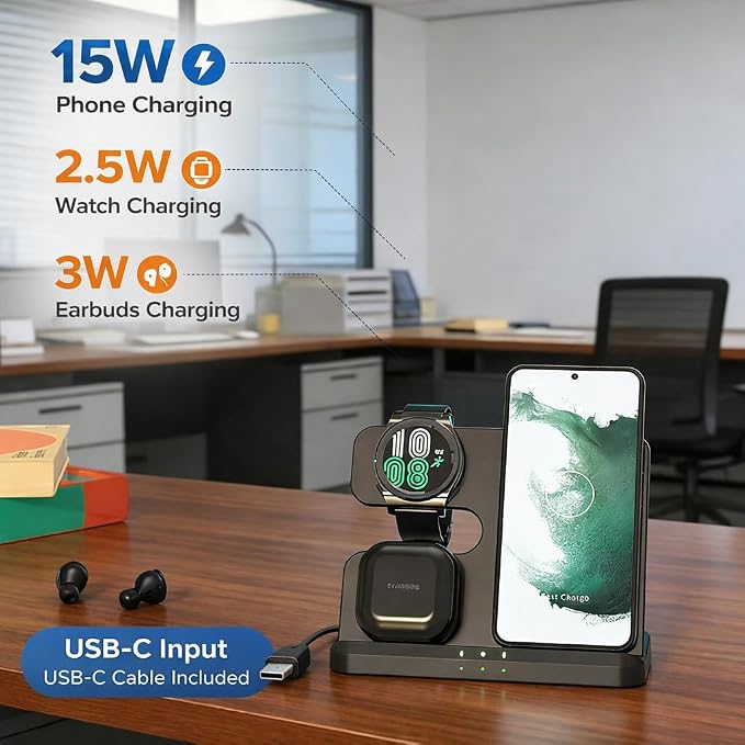 Black 3-in-1 Charging Station Fast Wireless Charger Stand for Phone Watch Earbuds Desktop Dock with Cooling Vents