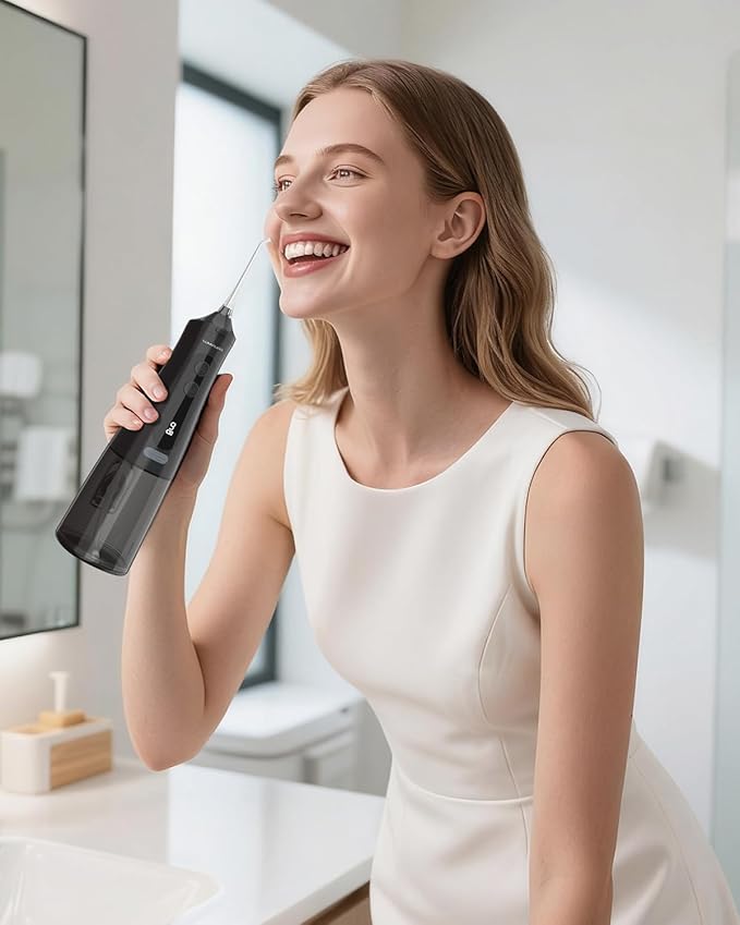 Lumiflexa Water Dental Flosser for Teeth Pick, Cordless Flosser for Travel with 4 Jet Tips, 9 intensities, IPX7 Waterproof Portable & Rechargeable Oral Irrigator Cleaner, Black