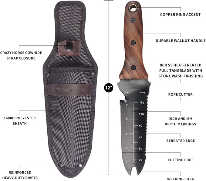 Hori Hori Garden Knife with Sheath Stainless Steel Weeding Tool for Gardening Weeding, Planting and Digging