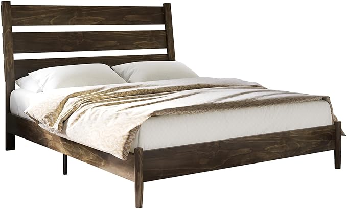 VanAcc Solid Wood Full Bed Frame, Platform Bed with Reclining Slatted Headboard, Mid Century Bed with Wood Slat Support, Dark Brown