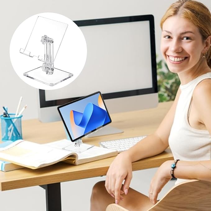 AHANDMAKER Acrylic Tablet Stand Holder Portable Cell Phone Stand Adjustable Transparent Tablet Holder for Desk Compatible with Air Mini Phone Clear