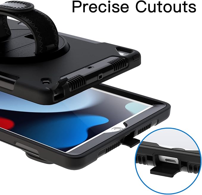 JETech Rugged Case for iPad 9th/8th/7th Gen 10.2 Black | Built-in Screen Protector 360° Rotating Hand Strap Stand Heavy Duty Shockproof Protection