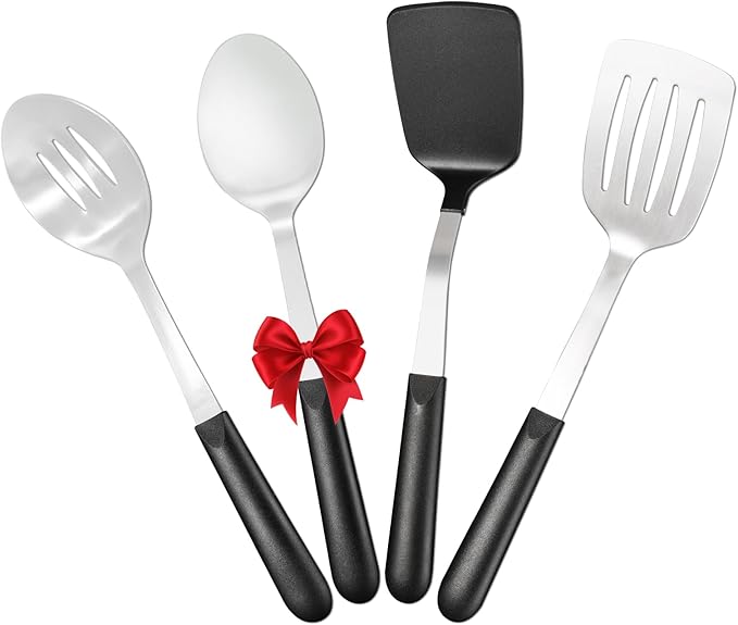 CuCut 4 Pcs Cooking Utensils Set, Stainless Steel Kitchen Utensils, Heat Resistant Metal Kitchen Tools Include Solid, Slotted Turner, Serving Spoon, Non-Stick Wok Spatula, Dishwasher Safe, Silver