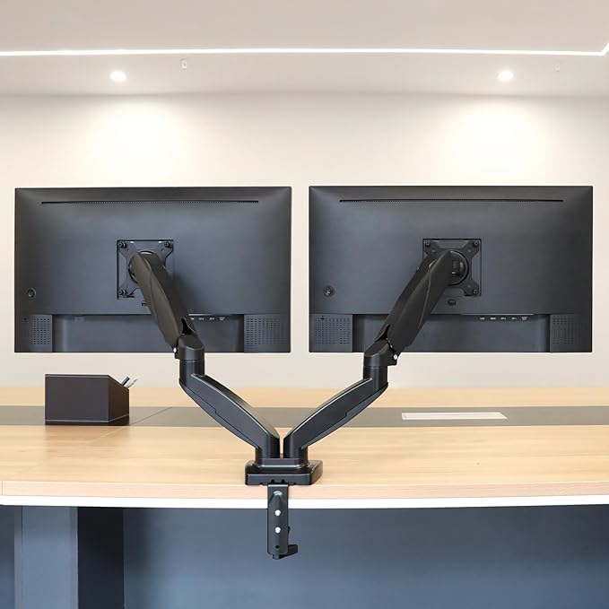 Amazon Basics Gas Spring Dual Computer Monitor Arm Desk Mount, Adjustable, Holds up to 27" Monitors, Black