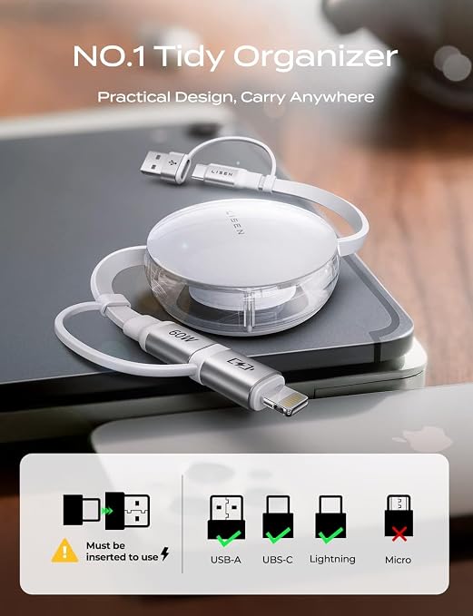 LISEN 5 in 1 Retractable Cord 60W Multi Charging Cable for Multiple Devices | USB-C/A/L Ports Retractable Chargers for iPhone 17/16/15/14/13/12/11 Pro/Max Galaxy S25/S24/S23 iPad Pro/Air
