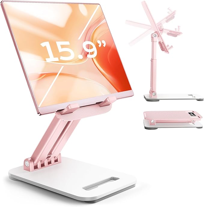 LISEN Pink Desk Accessories for iPad Office Supplies Desk Decor for Women Gifts, for Him Tablet Stand Vanity Accessories Video Face Time Free Hands for ipad Switch