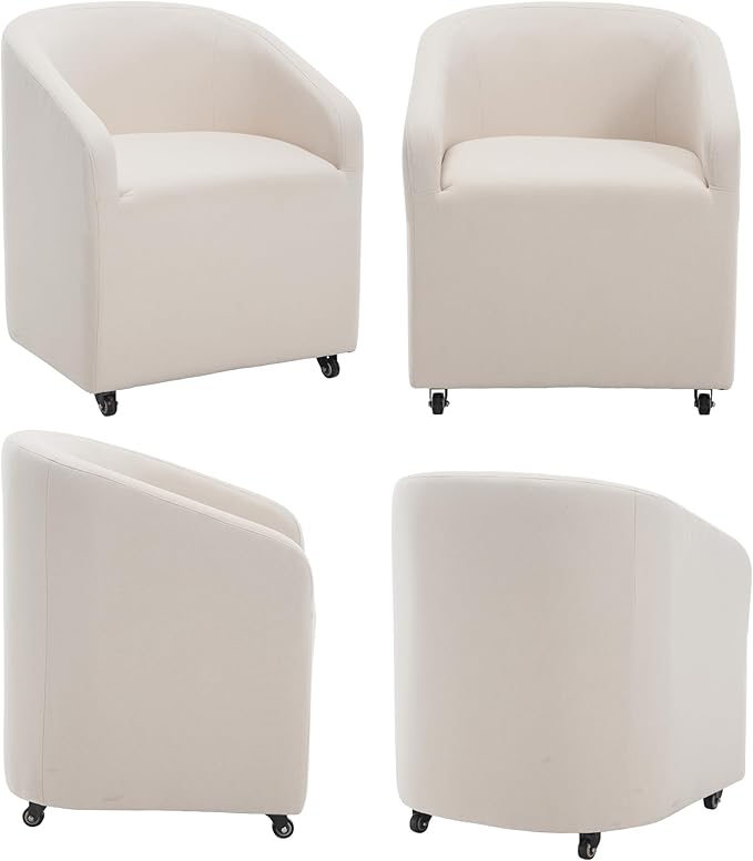 Set of 4 Modern White Upholstered Dining Chairs with Swivel Casters, Linen Barrel Back Accent Side Chair for Dining Room Living Room, Beige