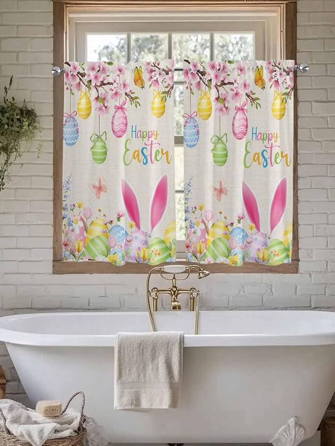 Happy Easter Tier Curtains 45 Inches Long, Spring Farmhouse Bunny Eggs Flower