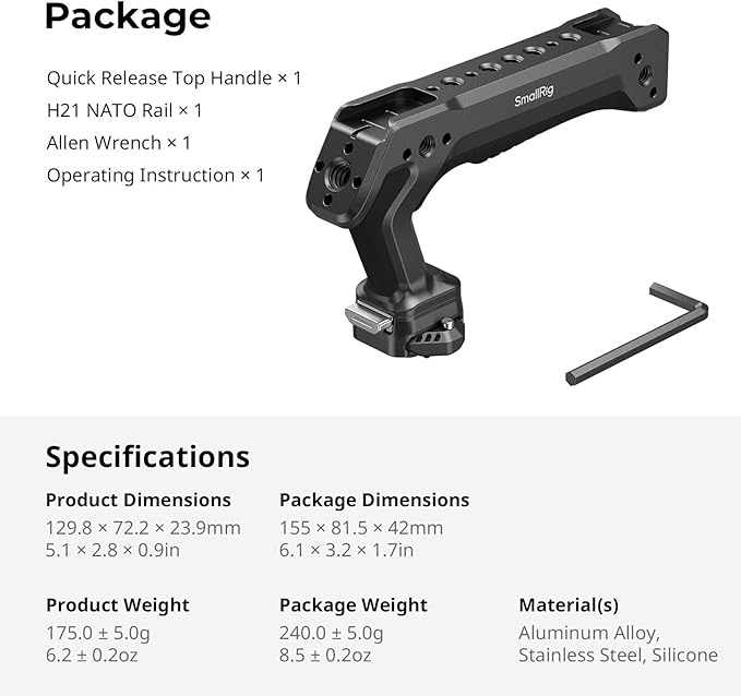 SMALLRIG Quick Release Top Handle, Dual-Direction & Compatible QR-Slide NATO Rail for ARRI with 1/4"-20 Screw, Ergonomic Design,15kg Max. Load,Built-in Multiple Mounting Points,HawkLock H21-5632