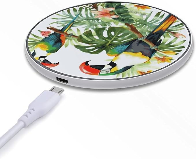Toucans Parrot Palm Tree Leaves Wireless Charger 10W Fast Charging Pad Anti-Slip Qi Certified Wireless Charging Pad Charging Station Portable Phone Charger for All Wireless Charging Smartphone