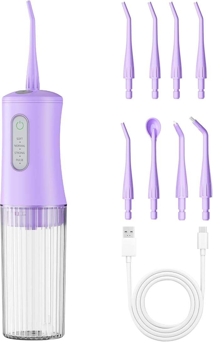 Cordless Water Flosser for Teeth Cleaning Pick - Electric Dental Irrigator with 4 Cleaning Modes & 8 Jet Tips, IPX7 Waterproof, Portable Rechargeable Design for Home & Travel Use,Purple