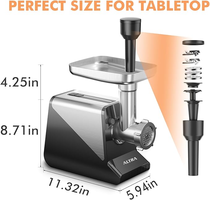 ALTRA LIFE Electric Meat Grinder, 2800W Max Sausage Stuffer with 2 Blades, 3 Plates, Sausage Tube, Vegetable Cheese Grater, 2 Meat Claws, Burger Press & Kubbe Kit for Home use, Built-in Storage