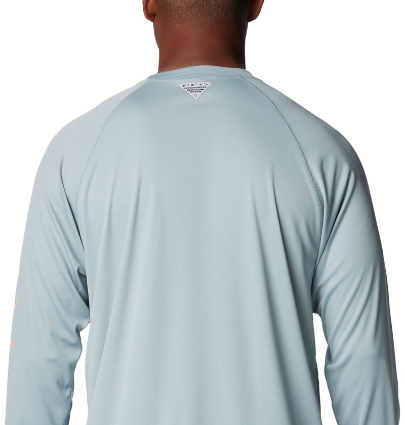 Columbia Men's PFG Terminal Tackle Long Sleeve Fishing Shirt, Crushed Blue/Bright Nectar Logo, 3X Tall