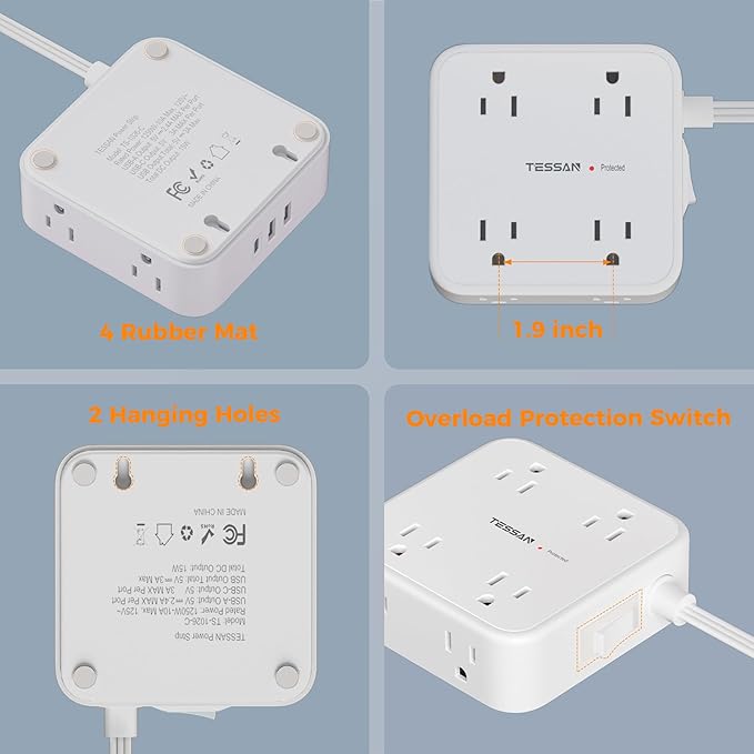 Surge Protector Power Strip, TESSAN 15 FT White Extension Cord Flat Plug with 8 AC Outlets 3 USB Ports (1 USB C), 900J Surge Protection, 3 Sided Wall Mountable Outlet Extender for Office Dorm Room