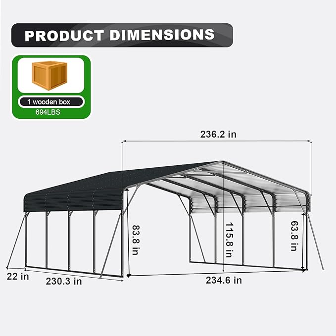 20x20FT 2 Car Metal Carport Kits, Heavy Duty Two Car Ports with Galvanized Metal Roof, Outdoor Garage Double Car Shelter Shade for Car, Boats and Truck (Dark Gray)