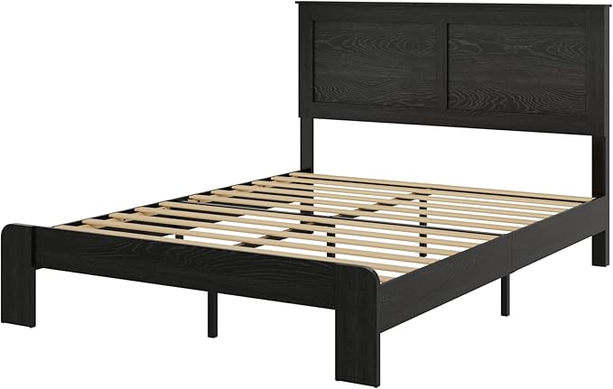 Wooden Bed Frame Full Size with Headboard, Farmhouse Platform Bedframe with Wood Slat Support, Sturdy Framework Bed Frame, Easy Assembly (Rustic Black)