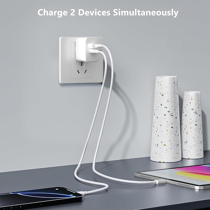 20W Dula Port USB C Fast Charger for iPad A16/10th Generation iPad Pro 13/12.9/11 inch iPad Air 13/11 inch/4/5th iPad mini iPhone Foldable Compact Charger with 6.6FT USB C Charging Cable