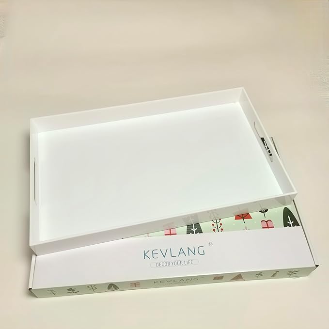 Glossy White Sturdy Acrylic Serving Tray with Handles-12x20 Inch-Serving Coffee Appetizer Breakfast-Kitchen Countertop Makeup Drawer Organizer-Vanity Table Ottoman Decorative Tray